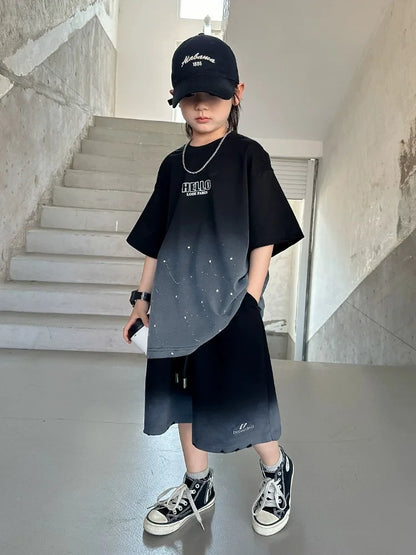 Summer Boys Cotton Leisure Star Print Gradient T-Shirt Top+Shorts Workout Set School Kids 2PCS Tracksuit Children Outfit 5-16 Yr