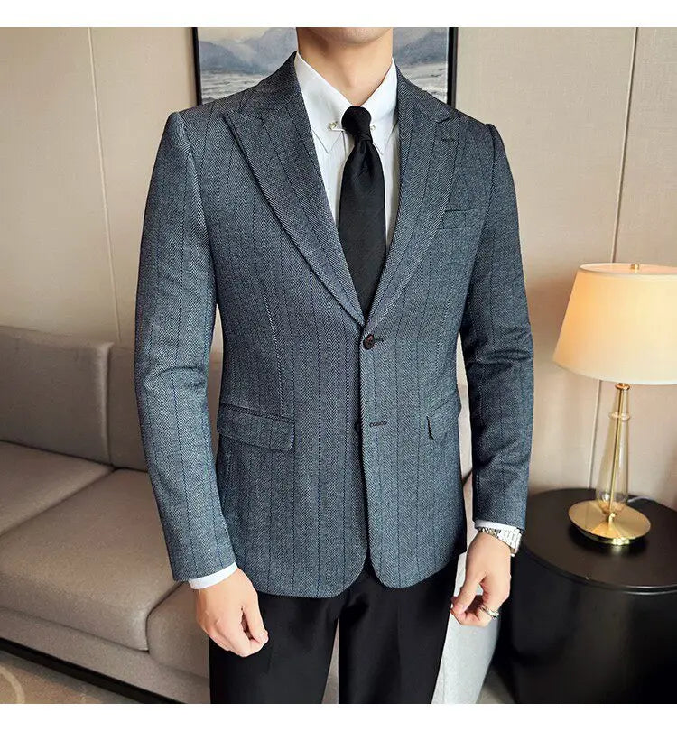 Men's Herringbone Stripe Suit Blazer Classic Lapel Dress Jacket Elegant Slim Fit Fashion Simple Casual Business Prom Suit Jacket