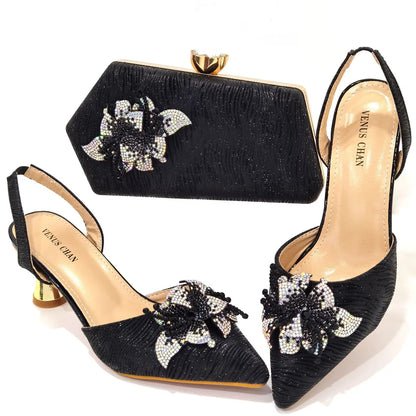 FASHION SHOE Sandals Women 2022 High Heels sexy Green Color Rhinestone Flowers Party Pumps Wedding Shoe and Matching Bag Set