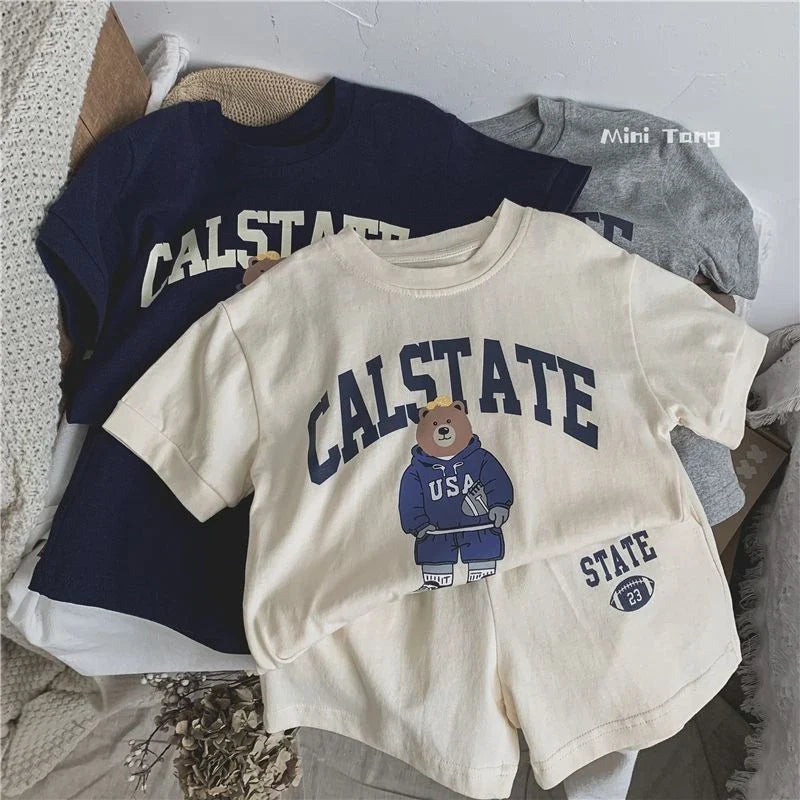 Print Cartoon Pattern Boys Short Sleeve T-shirt Suit 2025 Summer Clothing Loose Casual Kids Tracksuits Toddler Costume Outfits