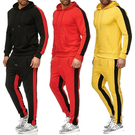 Casual autumn and winter long-sleeved men's 2-piece sports suit color block striped breathable sports suit