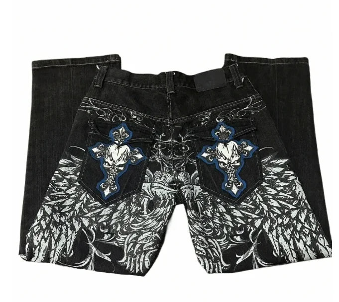 Jeans embroidered hip-hop wide-leg floor-moving Y2K mid-waist gothic individual men's pants American retro fashion trousers