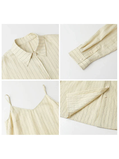 Women Dress Sets Stripe Shirt Loose Casual Long Sleeve Sunscreen Blouses Camisole V-neck Dresses Spring Autumn 2025