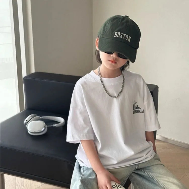 Black Graffiti Letters Pure Cotton Short Sleeve T-Shirt for Tween Boys Loose Fit Summer Youthful Wear Kids Outerwear Clothing
