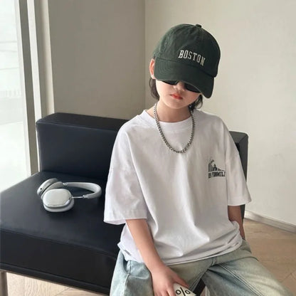 Black Graffiti Letters Pure Cotton Short Sleeve T-Shirt for Tween Boys Loose Fit Summer Youthful Wear Kids Outerwear Clothing