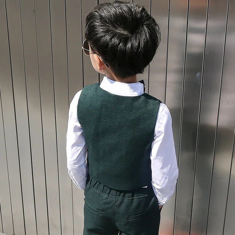Boys Dark Green Formal Wedding Party Suit Children Blazer Vest Pants Tie 4 PCS Tuxedo Kids Performance Photography Dress Costume