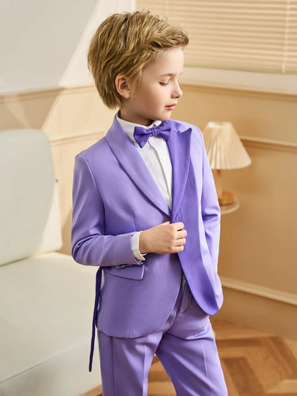 Stylish Purple Kids Tuxedo 3 Pieces Blazer Pants With Bow-tie Dancing Wear Handsome Boys Full Sleeve Suits For Party