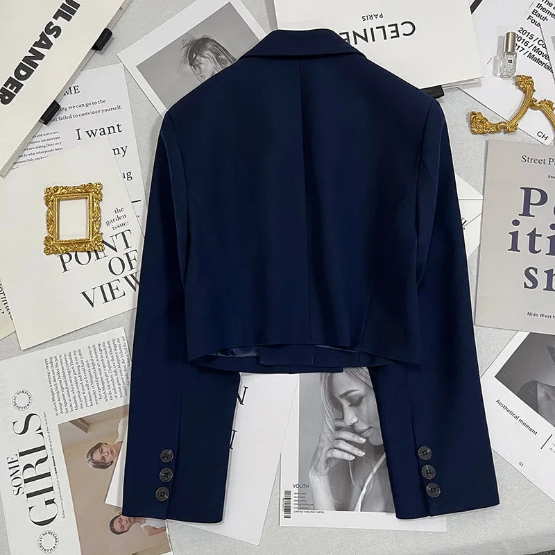 Autumn Solid Color Cropped Suit Jacket for Women Turn Down Collar Single Button Blazer Female Casual Office Lady Blazers Coat