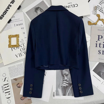 Autumn Solid Color Cropped Suit Jacket for Women Turn Down Collar Single Button Blazer Female Casual Office Lady Blazers Coat