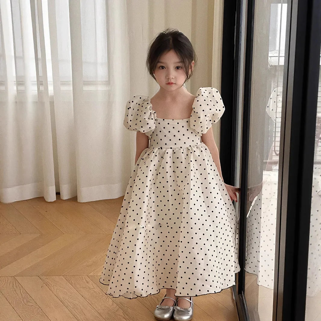 Girls Polka Dot Party Dress Summer Bubble Sleeves Princess Gown Understated Elegance Korean Japanese Style 2-7 Years