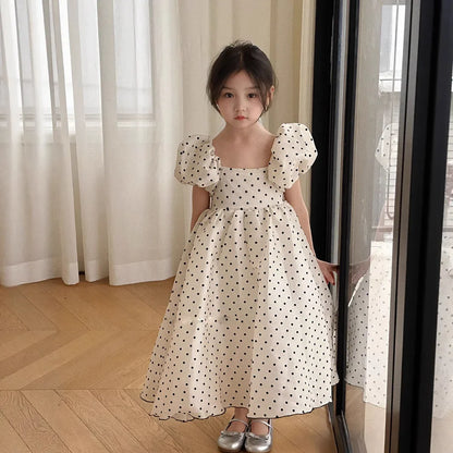 Girls Polka Dot Party Dress Summer Bubble Sleeves Princess Gown Understated Elegance Korean Japanese Style 2-7 Years