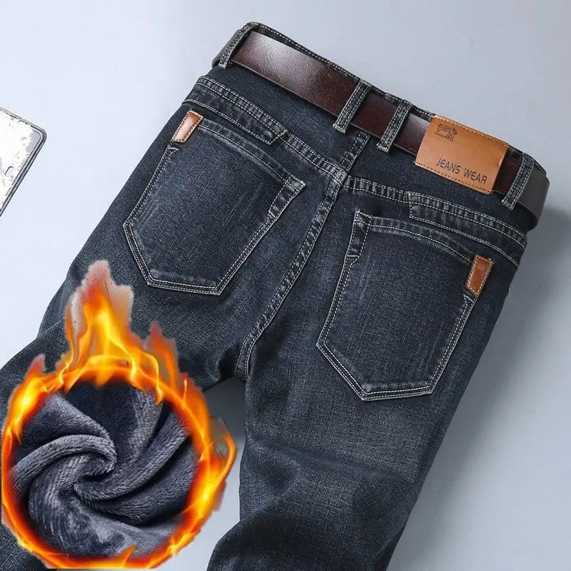 2025 Winter Men's Large Plush Thick Jeans Fashion Casual Versatile Business Jeans Warm and Cold Resistant Black Blue Denim Pants
