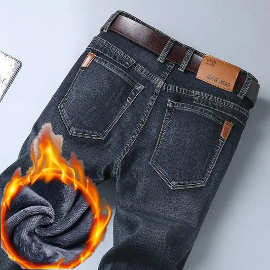 2025 Winter Men's Large Plush Thick Jeans Fashion Casual Versatile Business Jeans Warm and Cold Resistant Black Blue Denim Pants