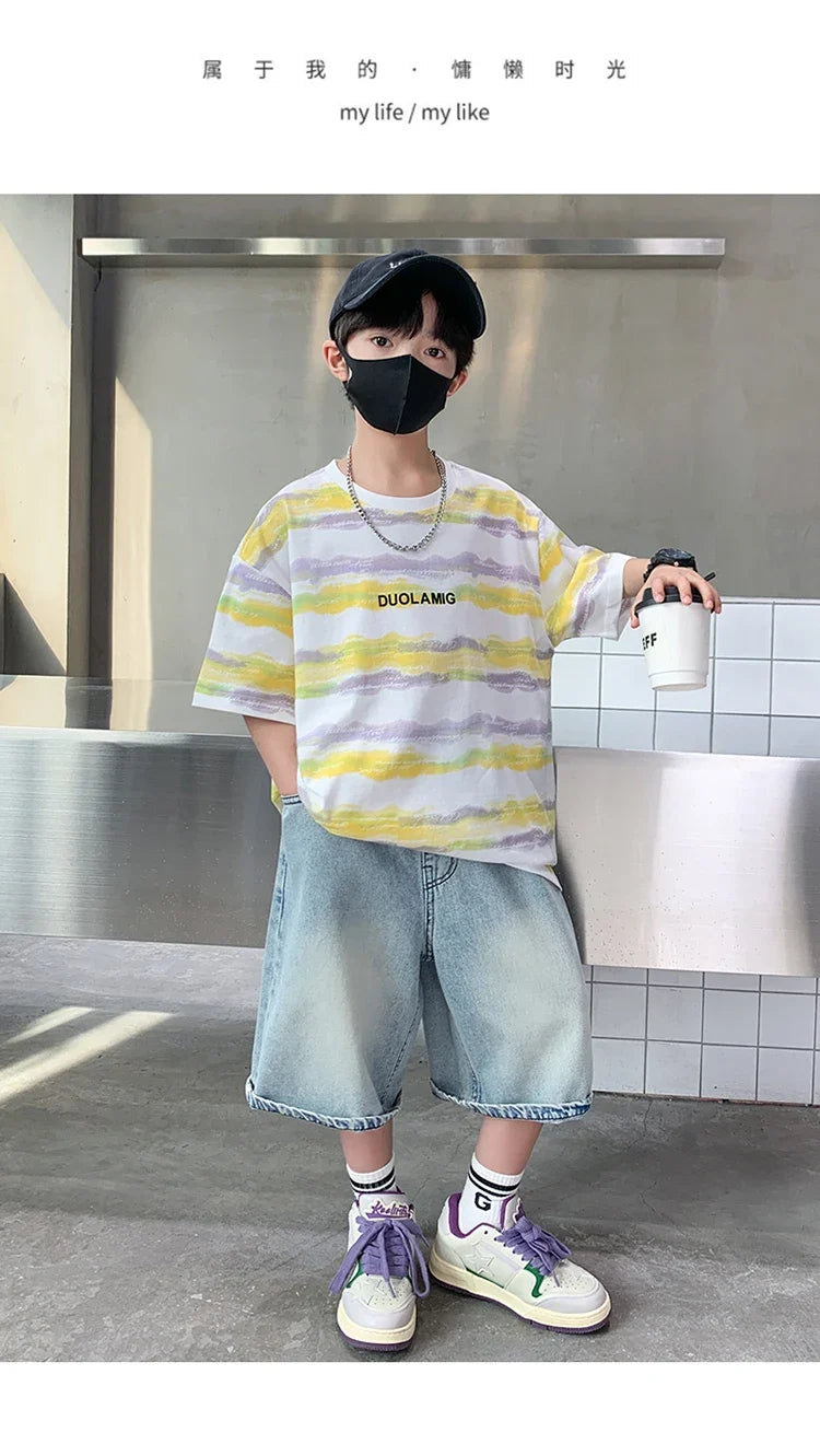 2025 New Arrival Summer Boy Clothing Set Yellow Stripe Tshirt + Denim Shorts Two Pieces Outfit Clothes Set for Kids Child 5-14T