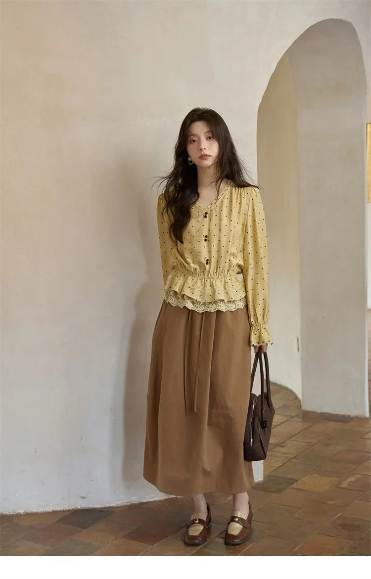 Autumn Yellow Polka Dot Linen Blouse 2025 Autumn Lace V-neck Commuter Top Flare Sleeve Elastic Waist Shirts MXE42X1975
