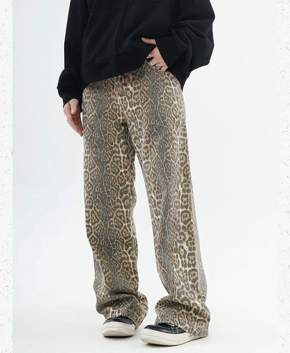 Vintage Leopard Print Jeans Women Spring Oversize Casual Hip Pop Wide Leg Trouser Trend High Waist Panther Denim Pants Ladies