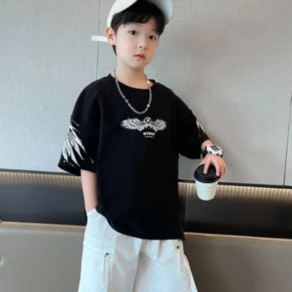 2026 Summer Kids Wing T-Shirt Cotton Loose Stylish Boy's Shirt Big Kids Summerwear