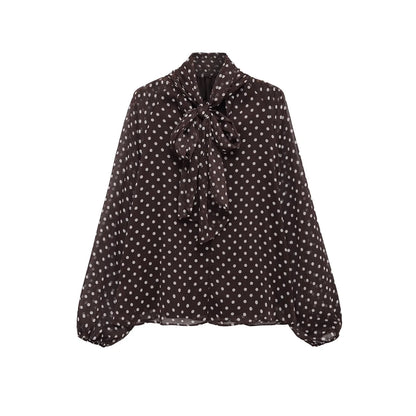 Fashion Simple Bow Polka Dot Shirt European and American Style Loose Long Sleeve Blouse Spring Summer Casual Tops
