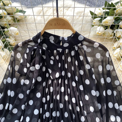 Autumn Leopard Print Blouse Women Bow Neck Long Sleeves Loose Top Korean Style Ins Polka Dot Chiffon Shirt 2025
