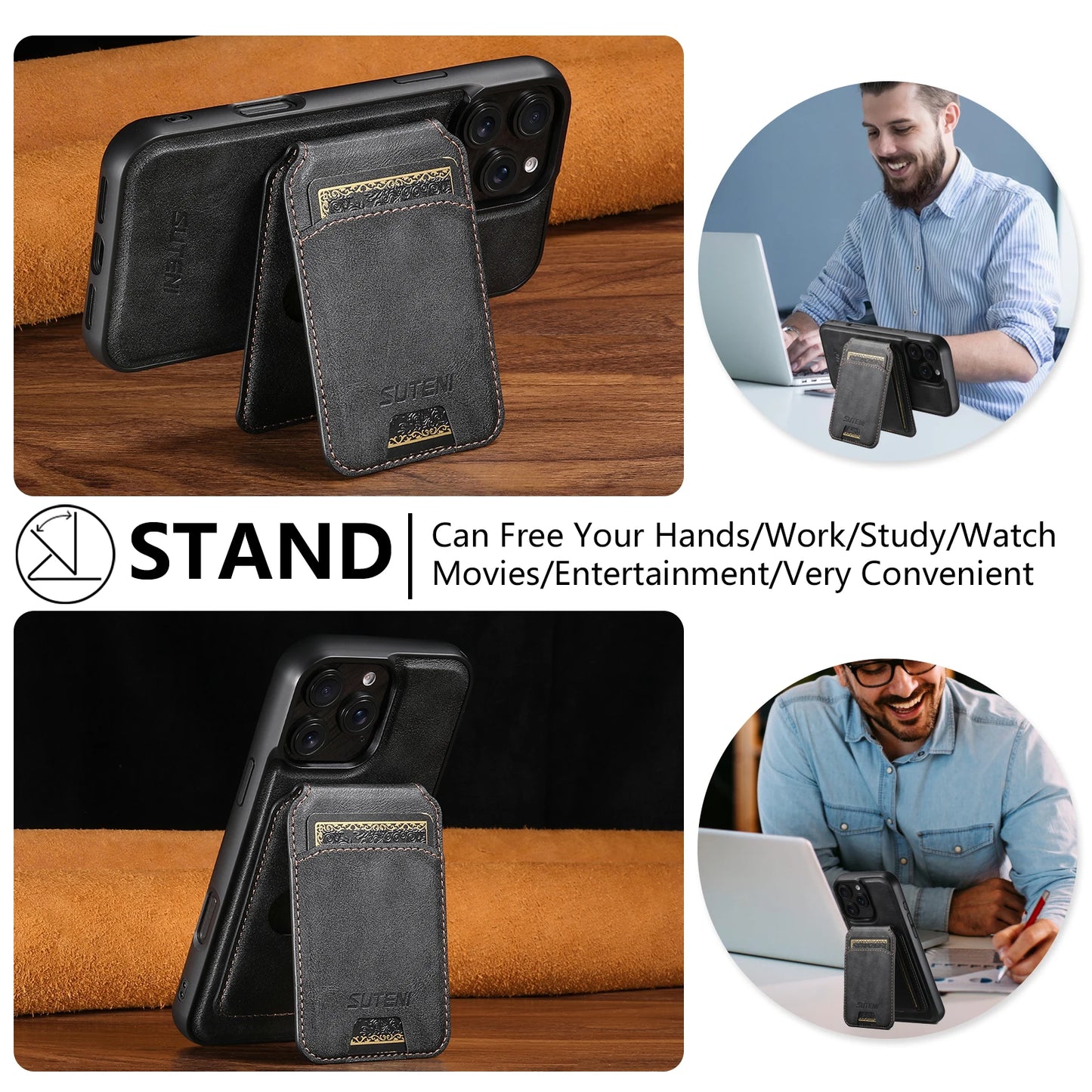 Wireless Charging Magnet PU Leather Phone Case Card Holder Stand For iPhone 17 Pro Max 16 Plus 15 Pro 13 12