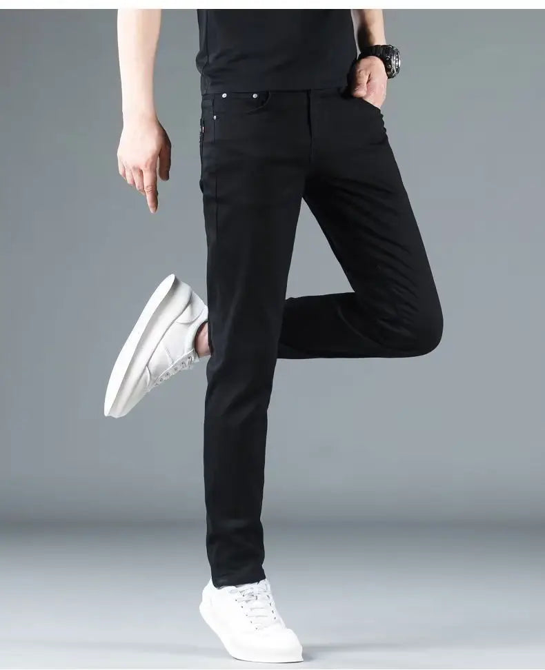 Korean Man Designer Clothes 2025 White Jeans Men Spring Autumn Printed Students Slim Stretch Pencil Pants Workwear Long Trousers