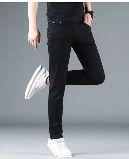 Korean Man Designer Clothes 2025 White Jeans Men Spring Autumn Printed Students Slim Stretch Pencil Pants Workwear Long Trousers