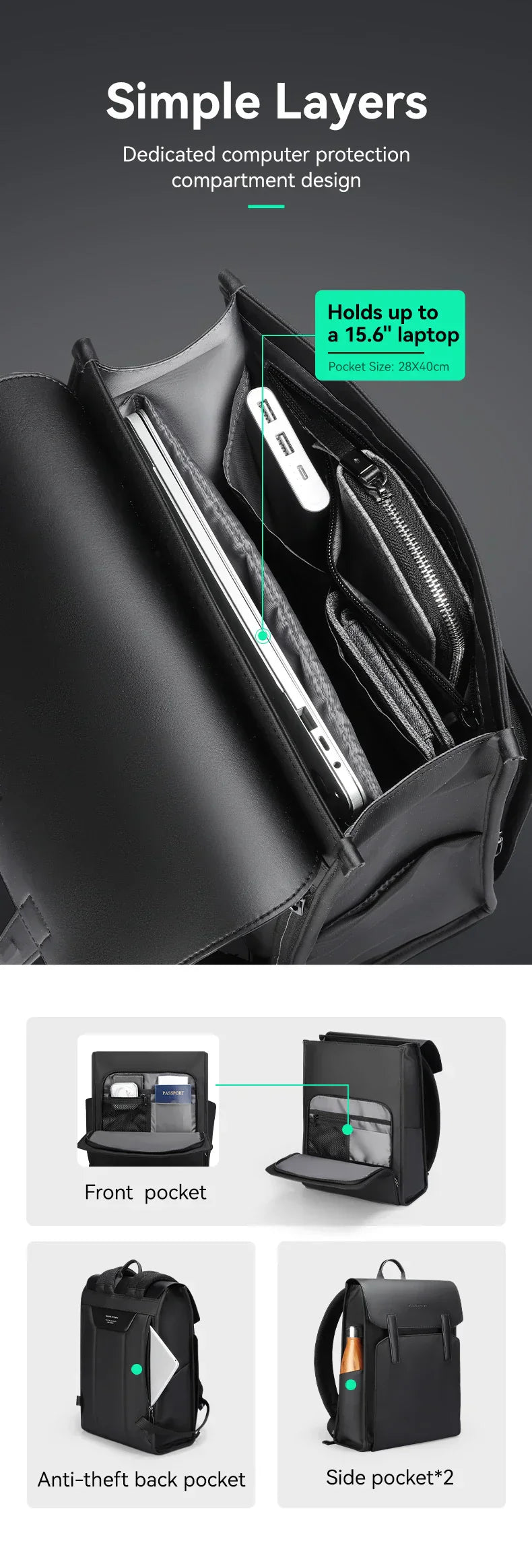 Mark Ryden Classic Business Work Black Leather Backpack 15.6 Inch Laptop Waterproof Bag School Bags Business bacbackpack for men
