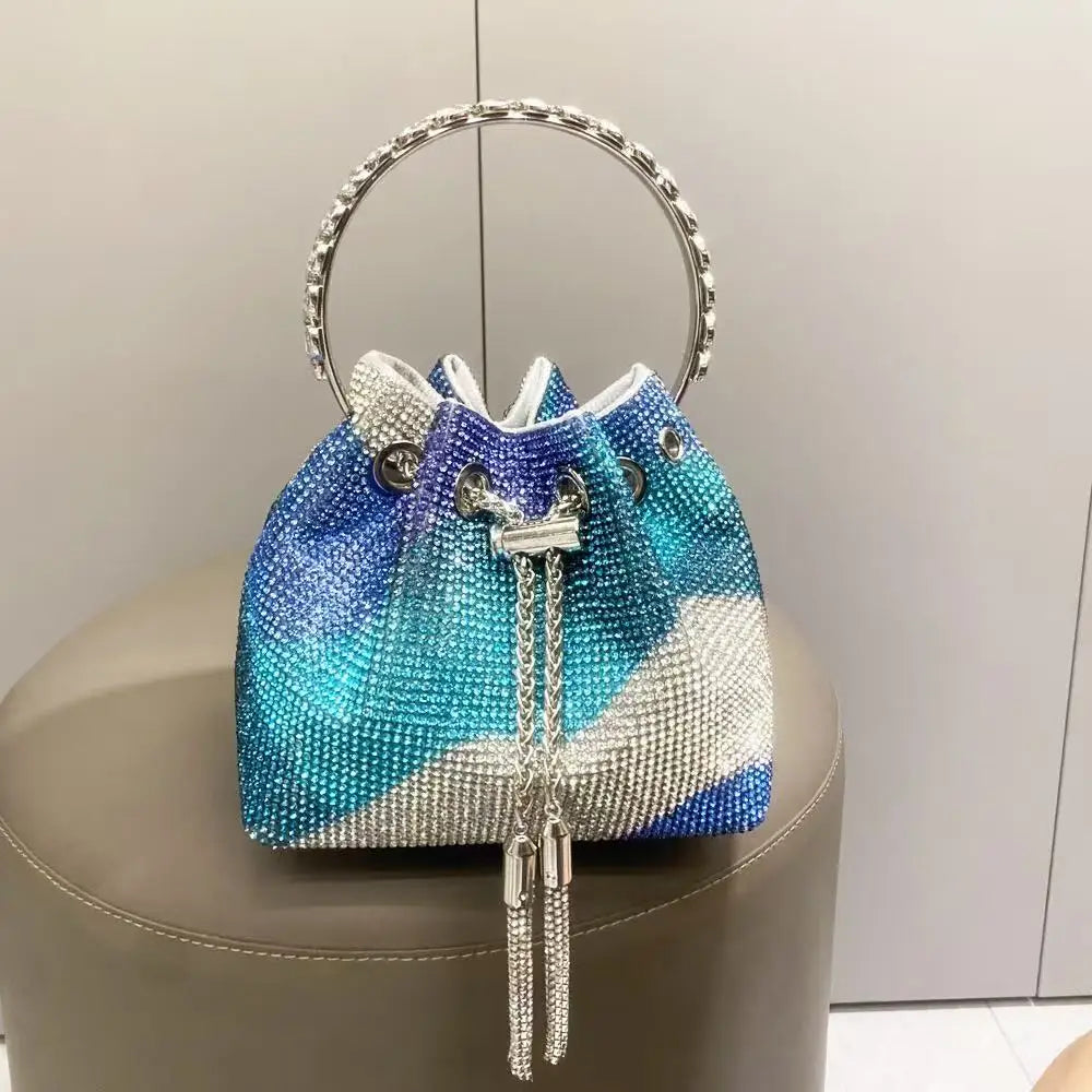 Rhinestones Diamond Evening Clutch Bag Luxury Designer Metal Ring Women's Handbag Wedding Party Bling Bucket Purse Shoulder Bag