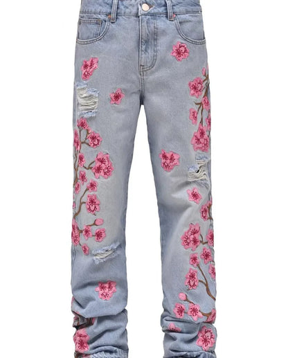 Men Jeans Print Straight Pants Men Denim Jean Button Pockets Pants Streetwear High Street Mid Waist Hole Spliced Spring Summer