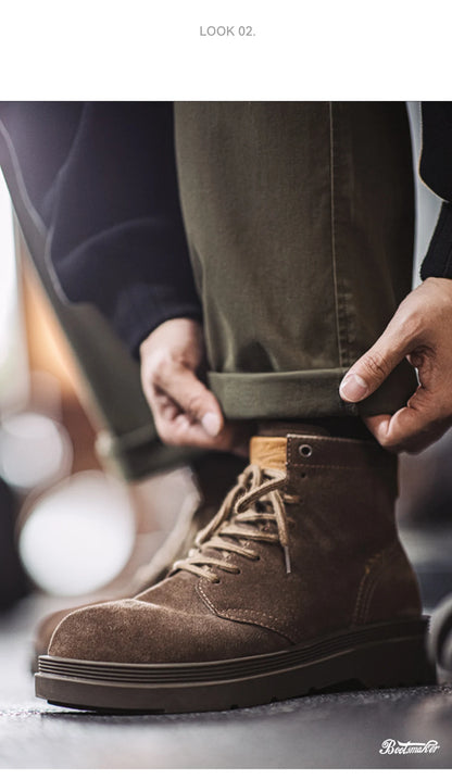 Maden New Vintage Brown Winter Work Boots Casual Suede High-top Boots Thick Soles Round Toes Shoes Men's Shoelaces Boots