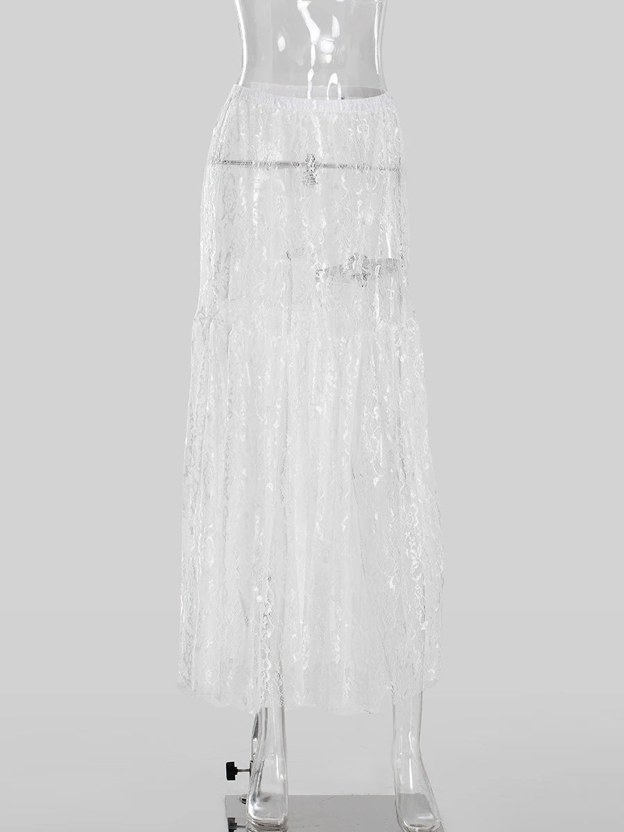 Lace Jacquard Transperant Skirt Women Summer New High Waist Sexy Casual Long Skirts 2025 Streetwear Fashion White Maxi Skirt