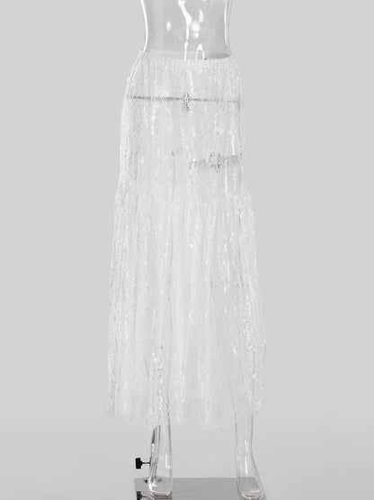 Lace Jacquard Transperant Skirt Women Summer New High Waist Sexy Casual Long Skirts 2025 Streetwear Fashion White Maxi Skirt