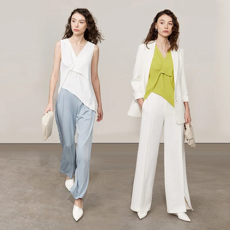 Women's Blouse 2026 Summer New Flowy Chiffon Asymmetric Hem Top Elegant Office Solid Casual V-Neck Shirt For Women 12612025