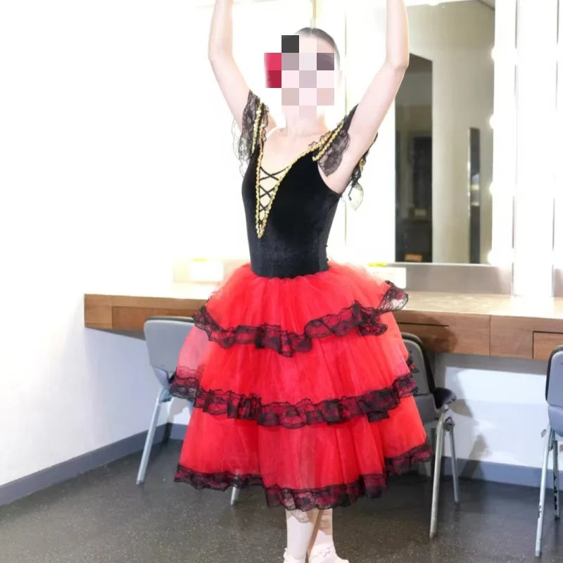 Professional Ballet Romantic Tutu Long Skirt Black Red Spain Dress Girls Adult Children's Performance Ballet Clothes For Women
