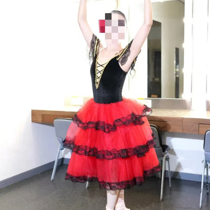 Professional Ballet Romantic Tutu Long Skirt Black Red Spain Dress Girls Adult Children's Performance Ballet Clothes For Women