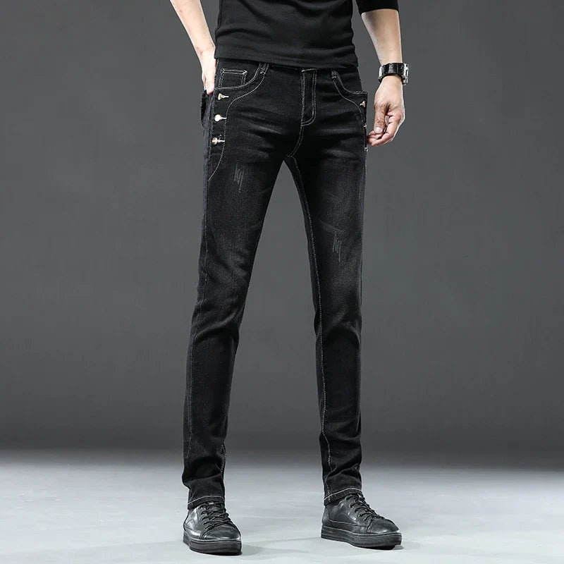 New Men Slim Korean Button Jeans Black Skinny Solid Color Stretch Multi-button Youth Male Denim Pants Streetwear
