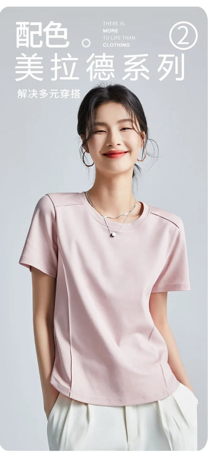 Summer Women's White Mercerized Cotton T-Shirt | 3D Stitching Round Neck Basic Top | Plus Size Slim Fit Layered Casual Blouse