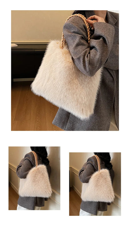 Fashion Women Furry Shoulder Bag Large Capacity Tote Handle Bag for Autumn Winter Outing Commuter Texture Versatile Storage Bags