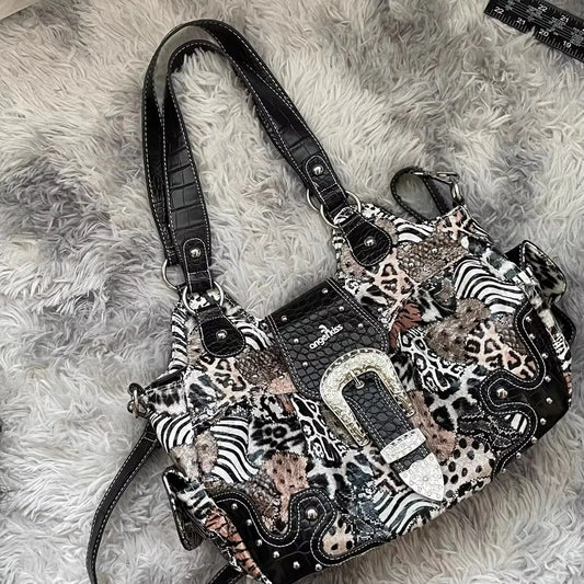 Women Handbag Stitching Leopard Top-handle Shoulder Bag PU Dumpling Pack Multi-pockets Shoulder Bags Phone Money Pack