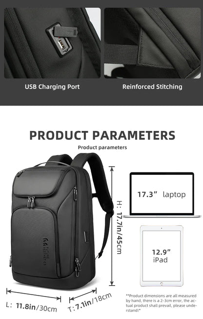 Business Backpack for Men Waterproof Travel 17.3" Laptop Backpack  High Capacity Multifunctional Pack USB Charging