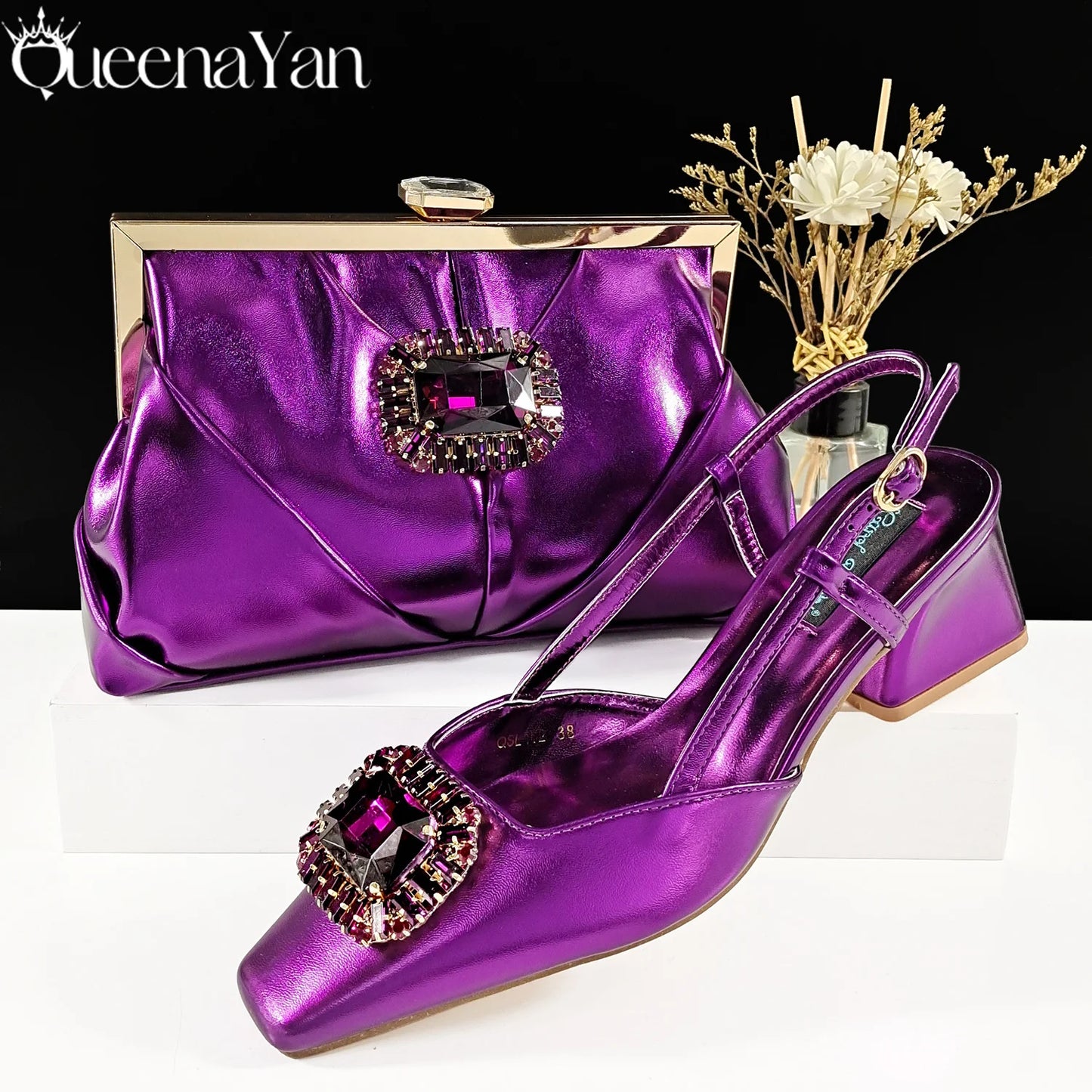 2025 Nigerian Heel Party for Women Purple Color Shoes and Bag Set Rhinestone Handbag Italian Design Wedding