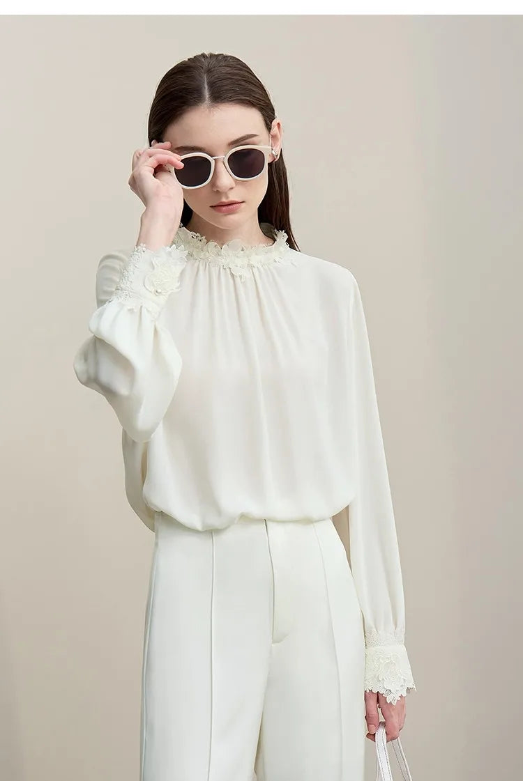 Women's Blouse 2026 Autumn New Elegant Commuter Lace Splicing Chiffon Shirt O-Neck Loose Pullover Tops For Woman 12621067