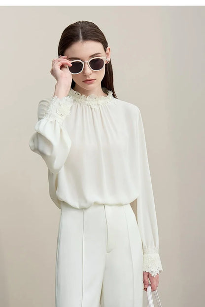 Women's Blouse 2026 Autumn New Elegant Commuter Lace Splicing Chiffon Shirt O-Neck Loose Pullover Tops For Woman 12621067