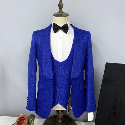 Hot Selling Men Suits Pattern and Black Groom Tuxedos Shawl Satin Lapel Groomsmen Wedding Best Man ( Jacket+Pants+Vest+Tie) C691