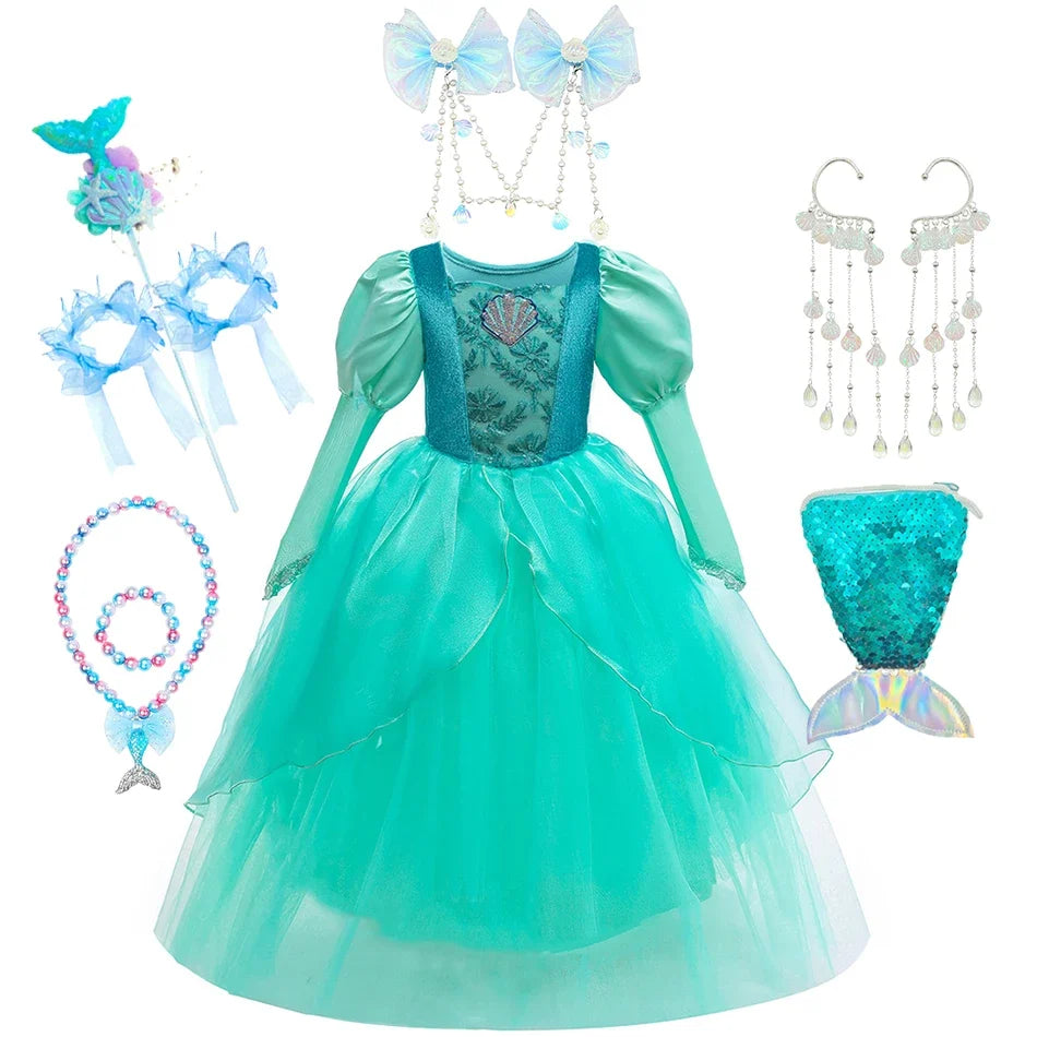 Girls Mermaid Dress Ariel Long Sleeves Cosplay Halloween Costume Kids Fluffy Tulle Shell Applique Frocks Elegant Gown