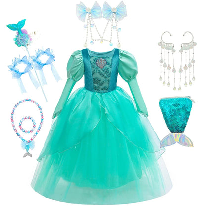 Girls Mermaid Dress Ariel Long Sleeves Cosplay Halloween Costume Kids Fluffy Tulle Shell Applique Frocks Elegant Gown