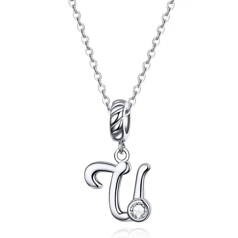 925 Sterling Silver Vintage Letter A to Z Pendant Necklace Initial Long Chain Necklace Platinum Plated Women Fine Jewelry