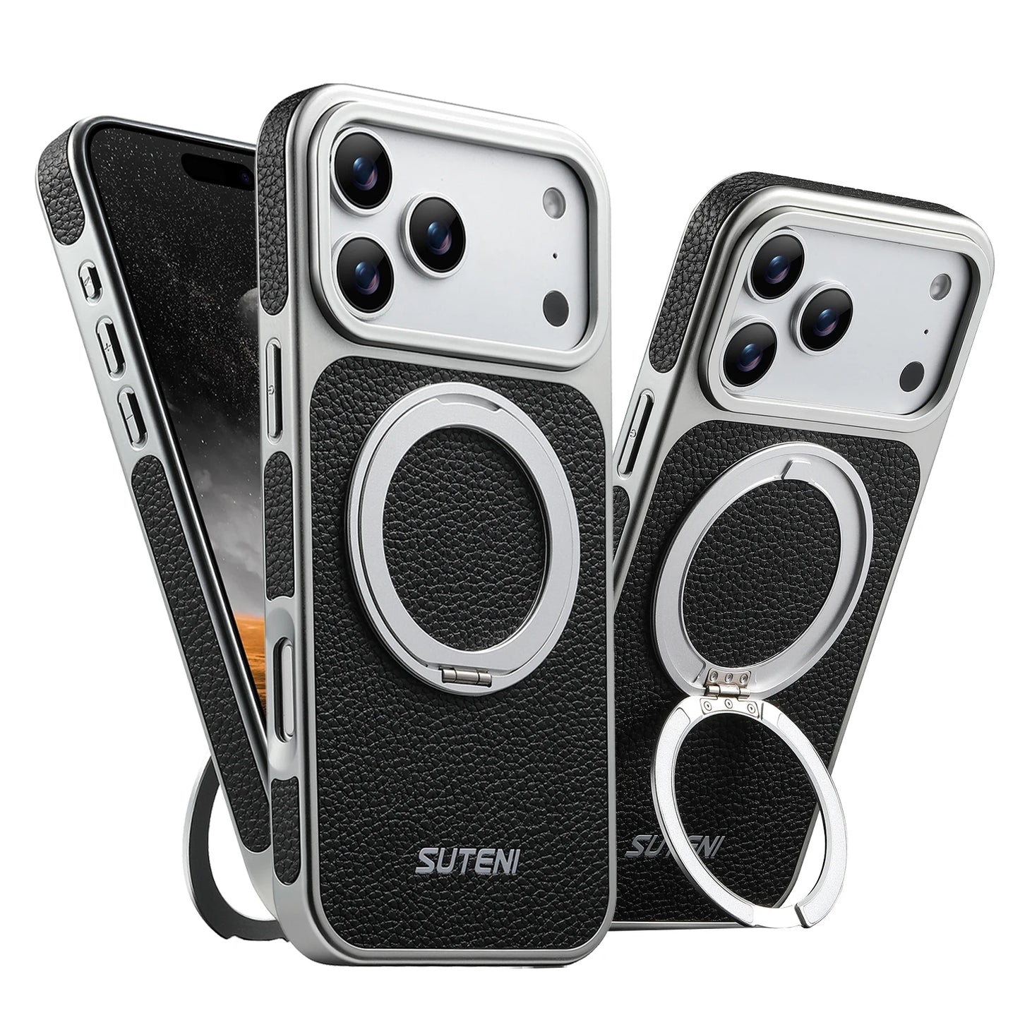 Faux Leather Magnet Wireless Charging Phone Case 360° Rotating Stand Ring Buckle Frosted Feel For iPhone 17 Pro Max 16 15