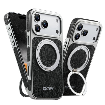 Faux Leather Magnet Wireless Charging Phone Case 360° Rotating Stand Ring Buckle Frosted Feel For iPhone 17 Pro Max 16 15