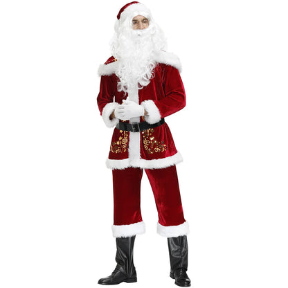 2024 New Man Santa Claus Suit Adult Christmas Cosplay Costume Red Deluxe Velvet Fancy 8pcs Set Xmas Party Family Costume Outfits